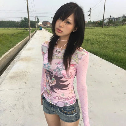 Y2K Anime Print Mesh Top - Pink Sheer Harajuku Kawaii