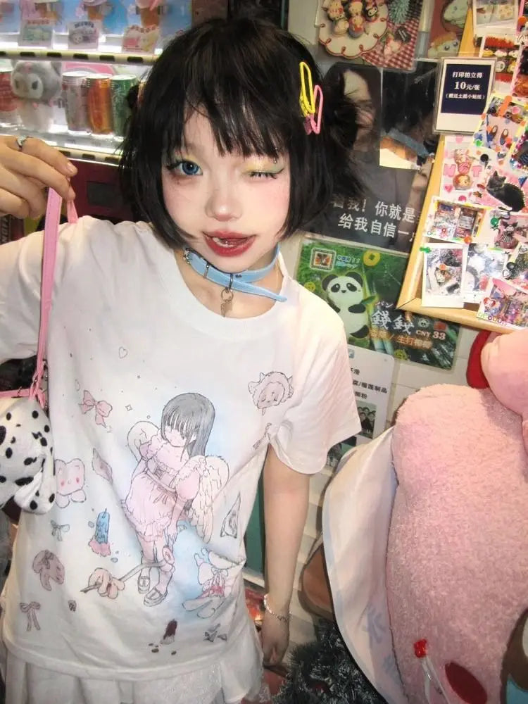 Y2K Kawaii Angel Print Tee - Harajuku Streetwear