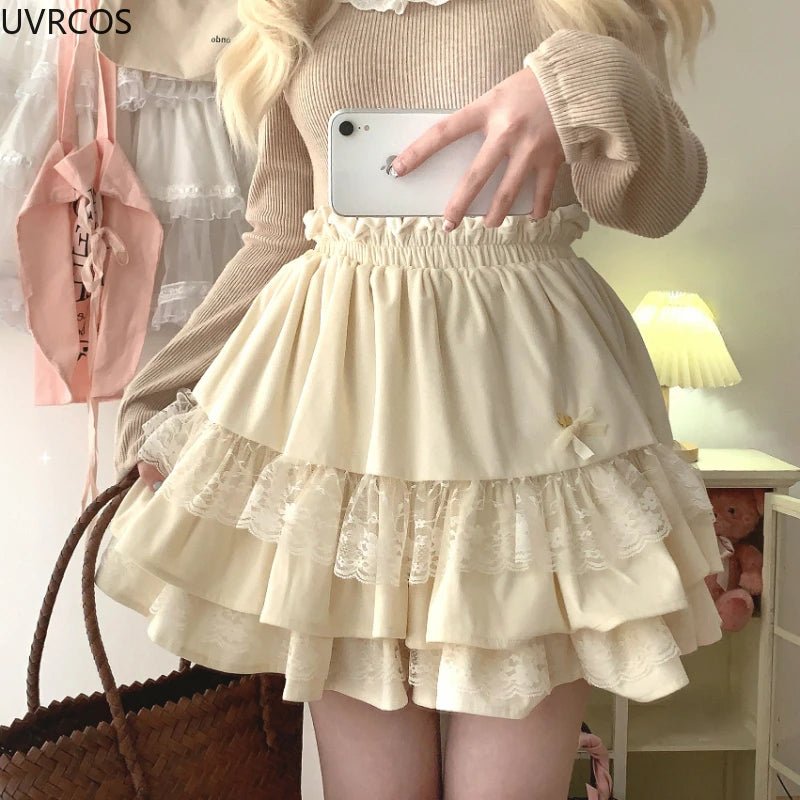 Y2K Kawaii Lolita Velvet Skirt - Sweet Lace Bunny Bow