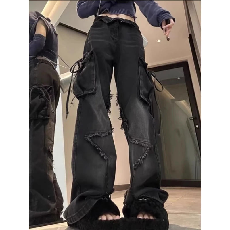 Y2K Black Gothic Cargo Jeans - Star Emo Baggy Pants