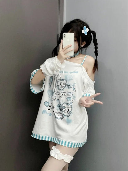 Y2K Gothic Harajuku Patchwork Tee - Kawaii Cartoon Print