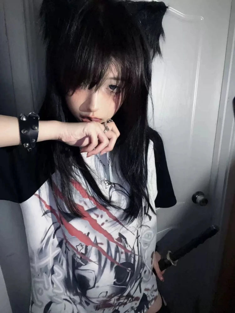 Y2K Gothic Anime Print Tee - Harajuku Grunge Fairy