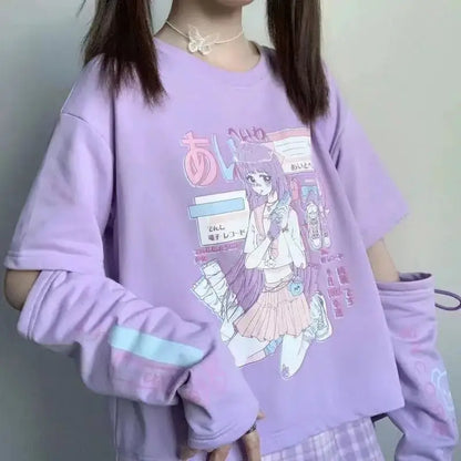 Y2K Japanese Streetwear Anime Tee - Kawaii Graphic Arm Cover