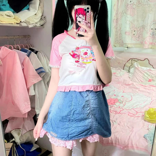 Y2K Grunge Cartoon Print Crop Top - Ruffle Lolita Tee