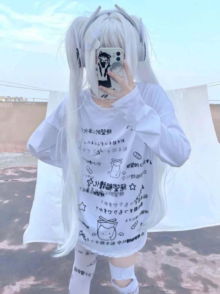 Y2K Anime Print Long Sleeve Tee - Japanese Cute Oversized