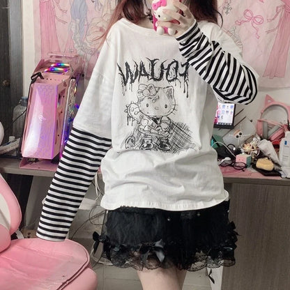 Y2K Hello Kitty Striped Long Sleeve Tee - Harajuku Print