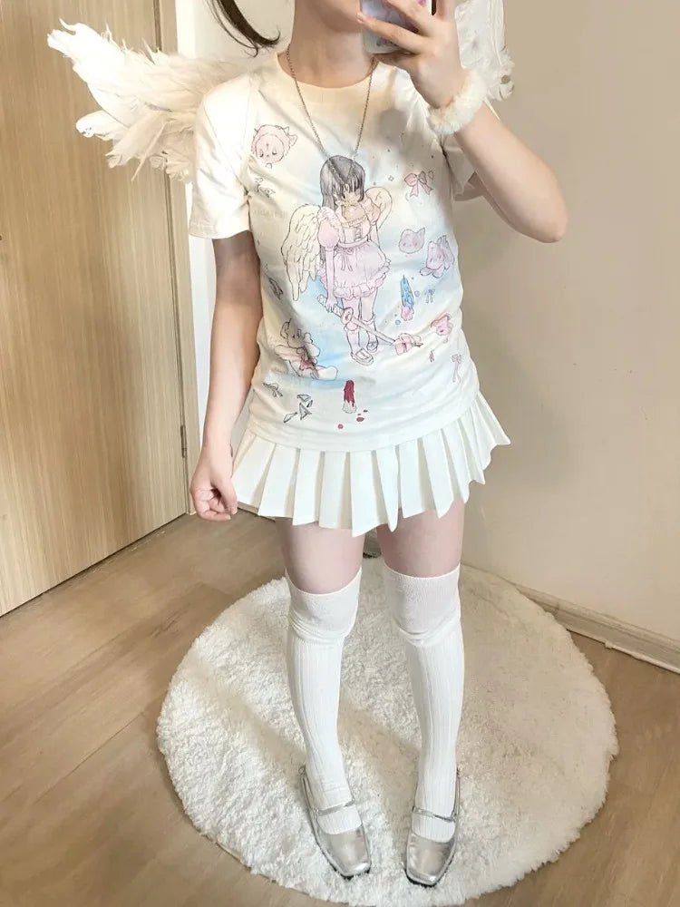 Y2K Kawaii Angel Print Tee - Harajuku Streetwear