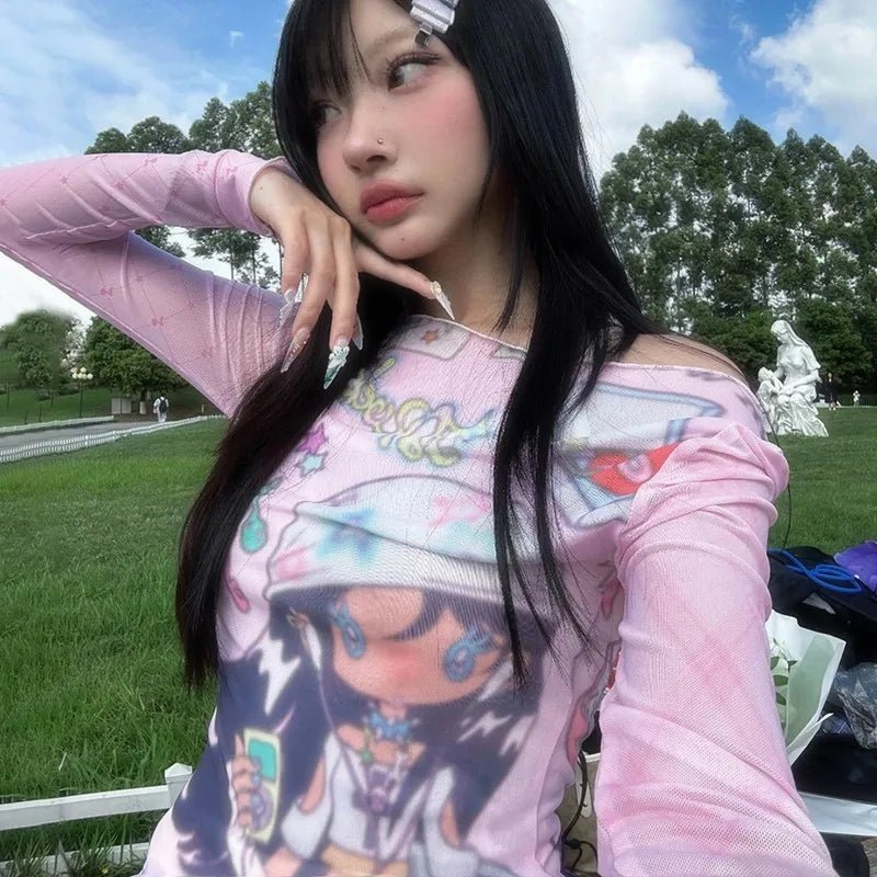 Y2K Anime Print Mesh Top - Pink Sheer Harajuku Kawaii