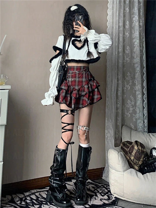 Y2K AltGoth Red Plaid High Waist Skirt - Emo Fairycore Grunge