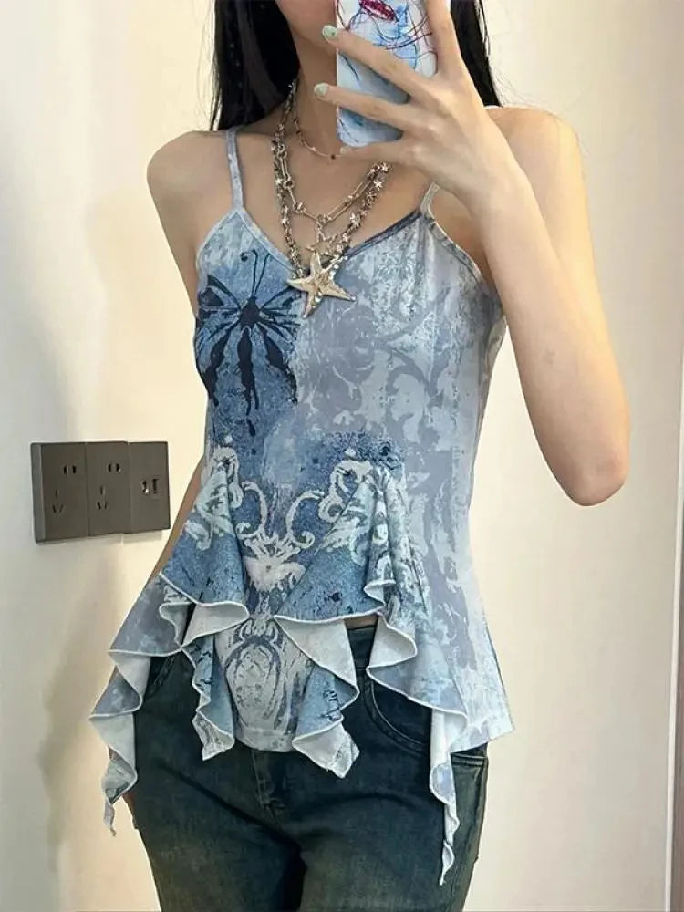 Y2K Emo Grunge Sleeveless Tee - Korean Harajuku Blue Tank