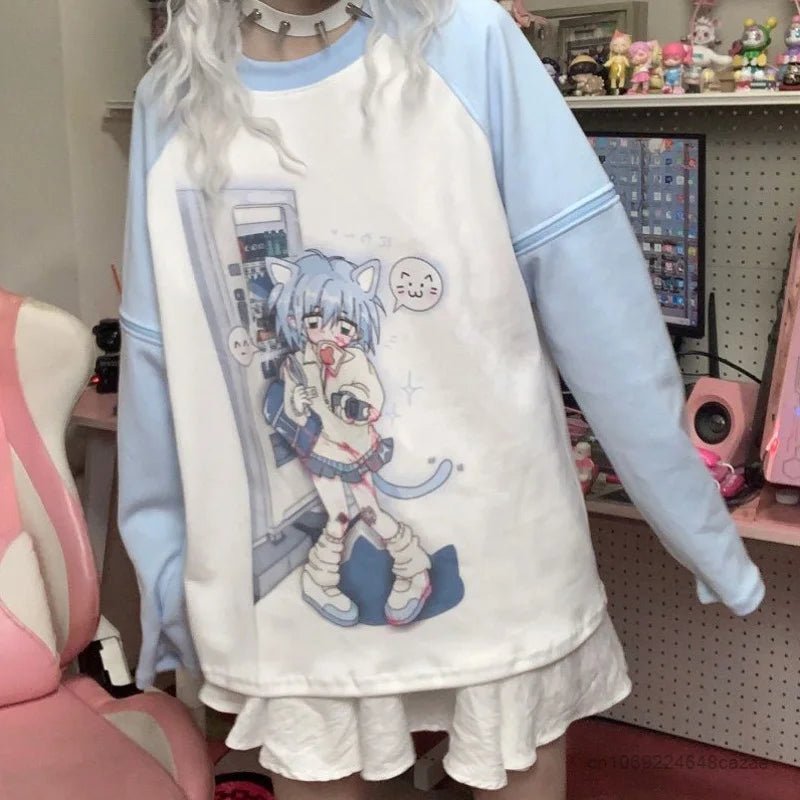 Y2K Kawaii Detachable Sleeve Tee - Anime Cat Print Harajuku