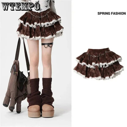 Y2K Brown Corduroy Ruffle Skirt - Sweet Cute American Spicy Girl