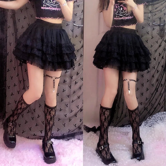 Y2K Gothic Lace Tutu Skirt - Black Mesh Mini Tulle