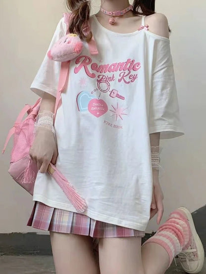 Y2K Kawaii Off Shoulder T-shirt - Harajuku Cute Graphic Tee