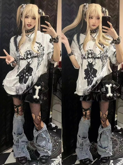 Y2K Grunge Vintage Gothic Tee - Harajuku Cartoon Print