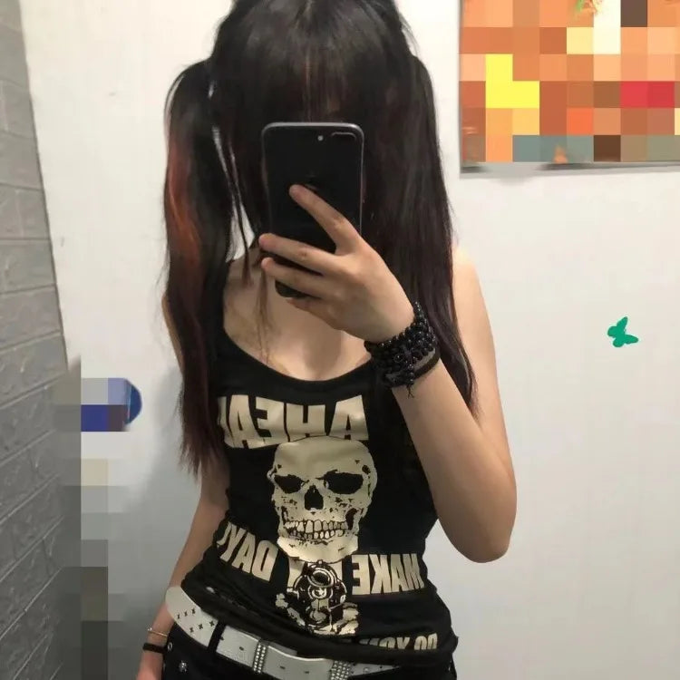 Y2K Punk Skull Rose Vest - Grunge Sleeveless Black Tee