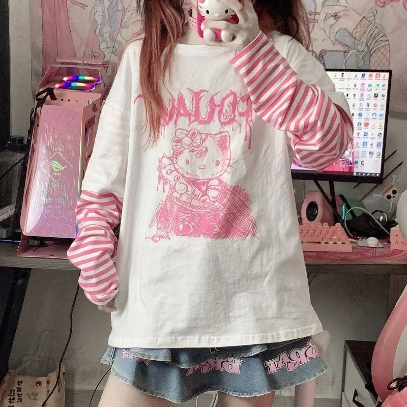 Y2K Hello Kitty Striped Long Sleeve Tee - Harajuku Print