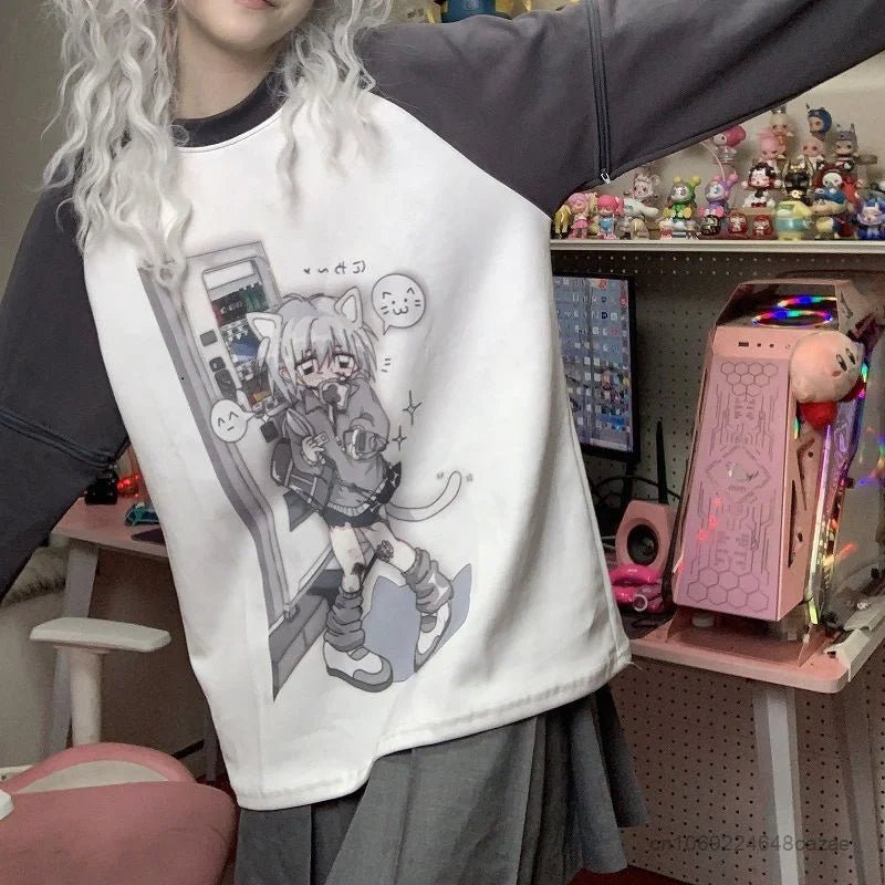 Y2K Kawaii Detachable Sleeve Tee - Anime Cat Print Harajuku