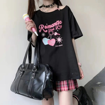 Y2K Kawaii Off Shoulder T-shirt - Harajuku Cute Graphic Tee