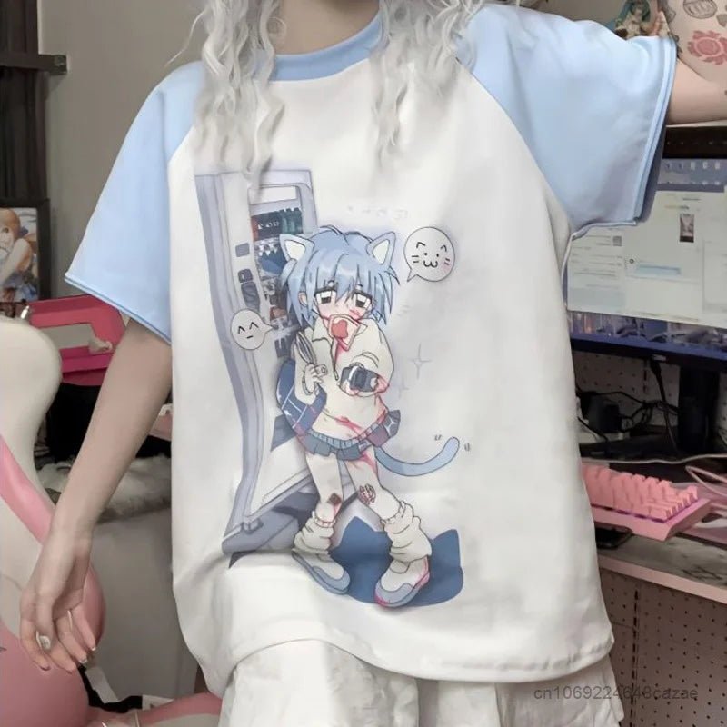 Y2K Kawaii Detachable Sleeve Tee - Anime Cat Print Harajuku