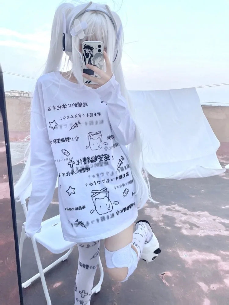 Y2K Anime Print Long Sleeve Tee - Japanese Cute Oversized