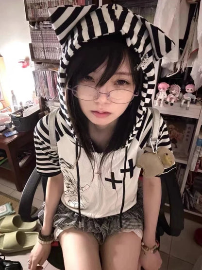 Y2K Kawaii Stripes Patchwork Tee - Harajuku Cute Cartoon Hoodie