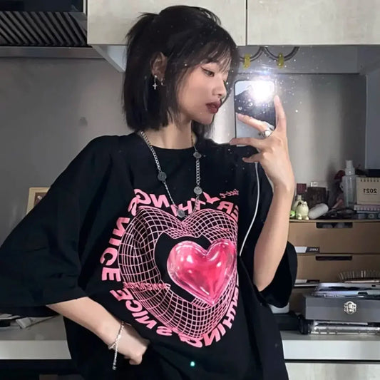 Y2K Oversized Love Graphic Tee - Harajuku Sweet Streetwear