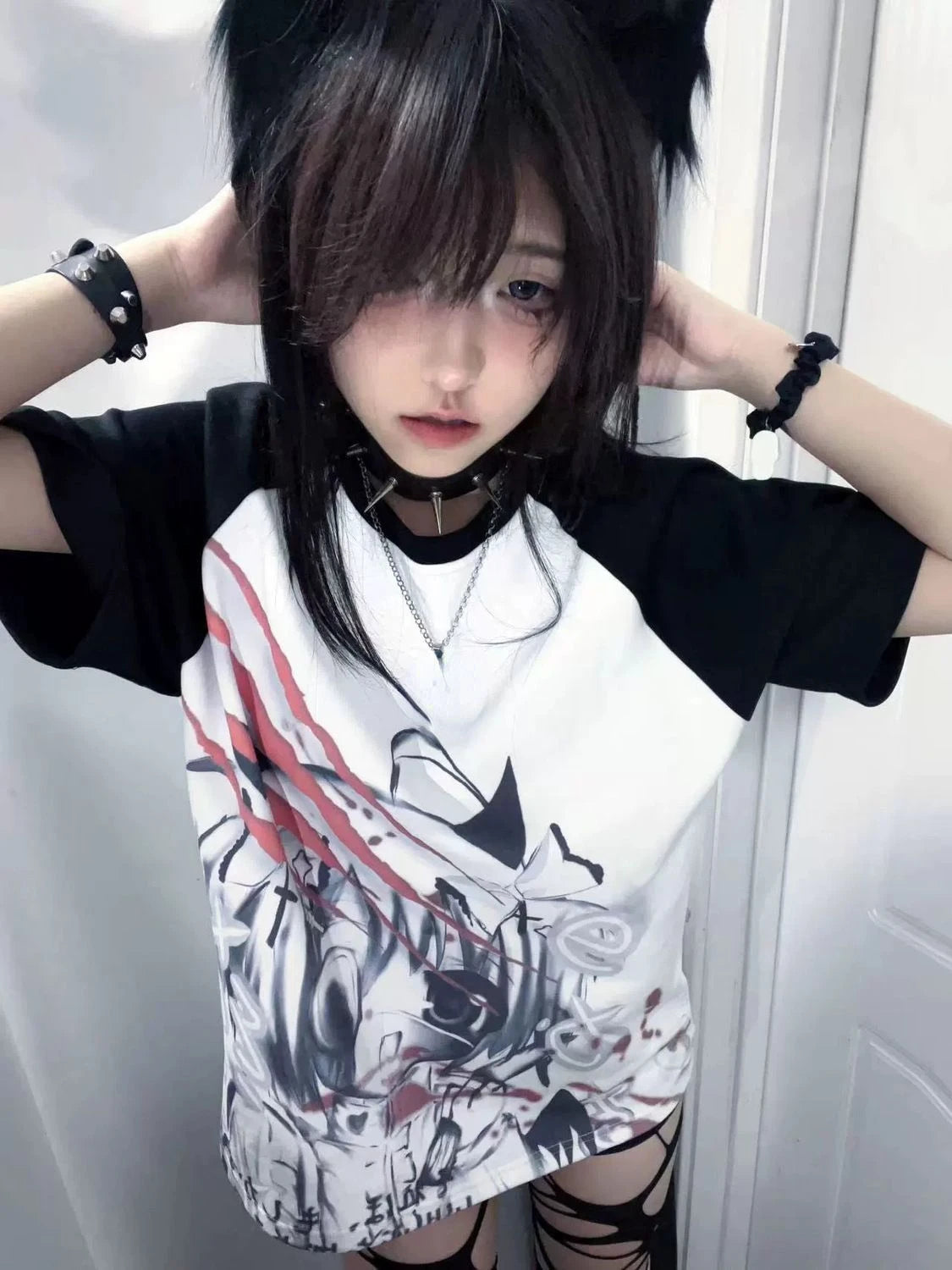 Y2K Gothic Anime Print Tee - Harajuku Grunge Fairy