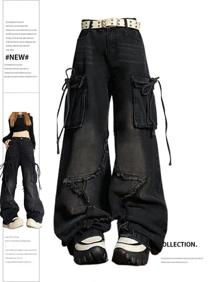 Y2K Black Gothic Cargo Jeans - Star Emo Baggy Pants