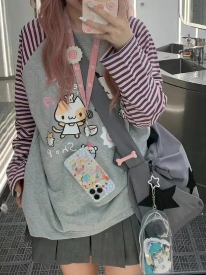 Y2K Kawaii Striped Hoodie - Harajuku Patchwork Cartoon