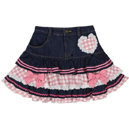 Y2K Kawaii Lolita Denim Skirt - High Waist Lace Harajuku