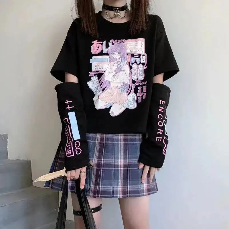 Y2K Japanese Streetwear Anime Tee - Kawaii Graphic Arm Cover