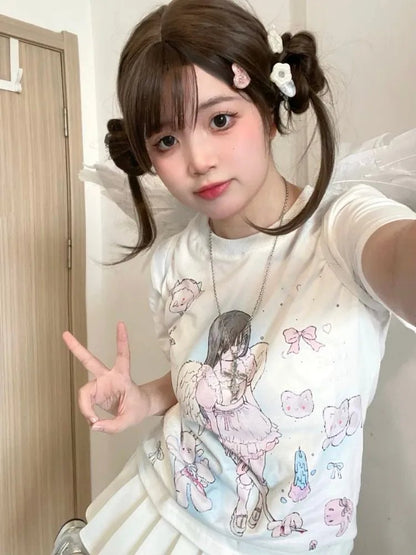 Y2K Kawaii Angel Print Tee - Harajuku Streetwear