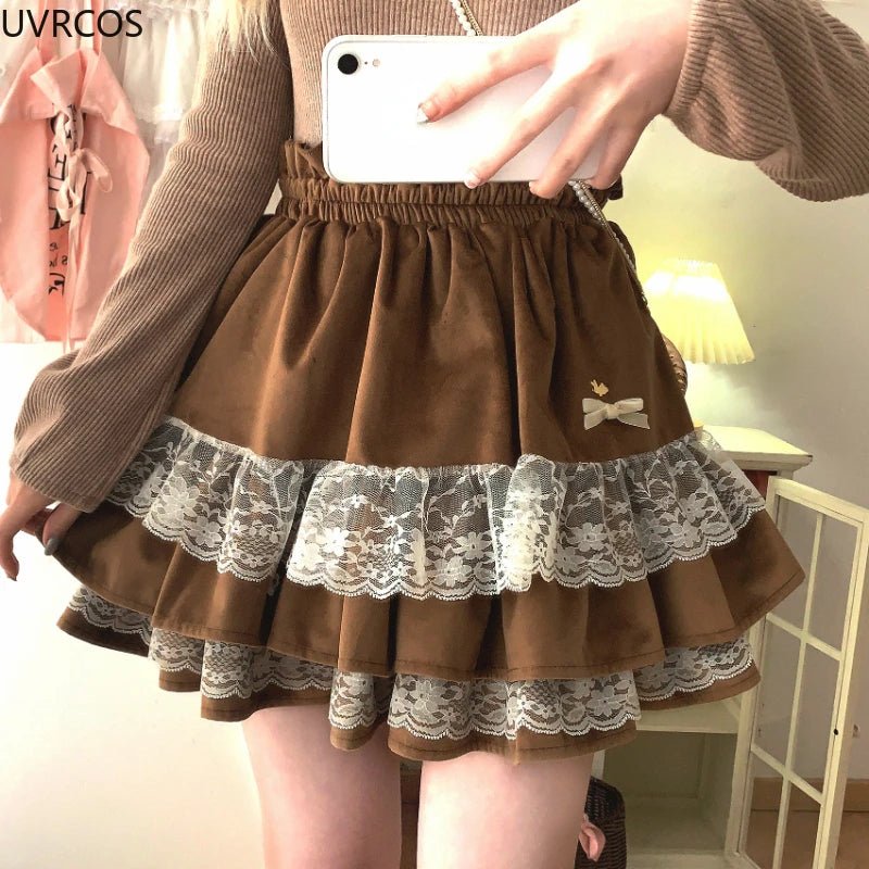 Y2K Kawaii Lolita Velvet Skirt - Sweet Lace Bunny Bow