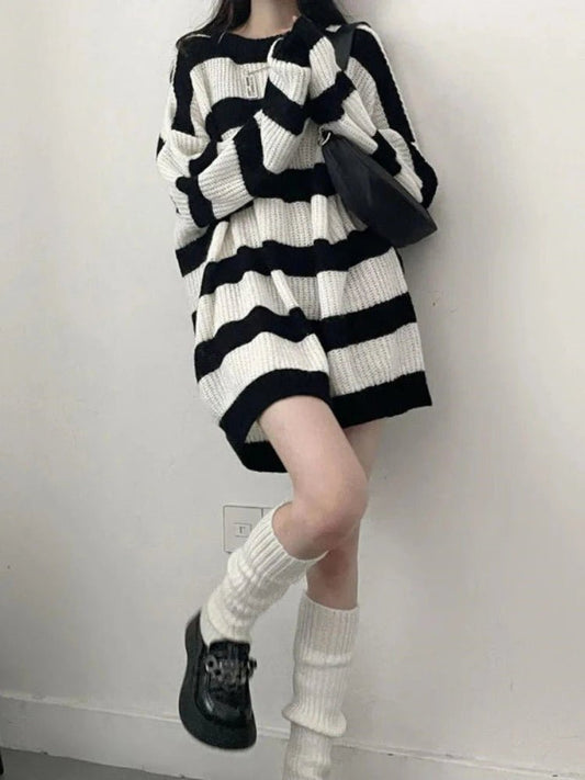 6XL Y2K Oversized Vintage Striped Knit Jumper - Korean Lazy Style