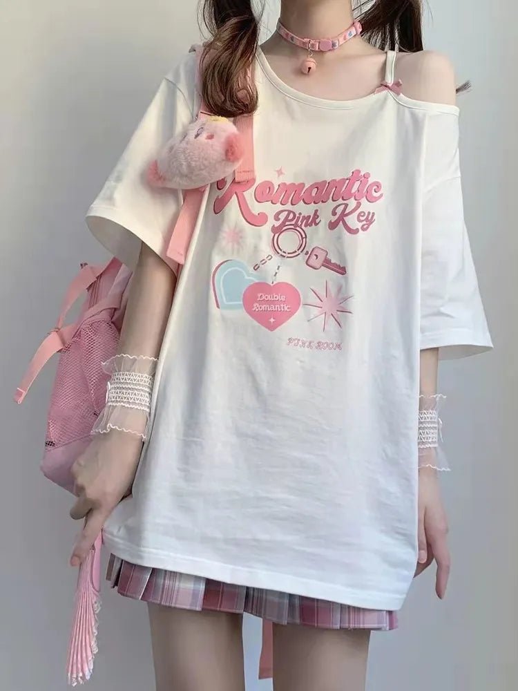 Y2K Kawaii Off Shoulder T-shirt - Harajuku Cute Graphic Tee