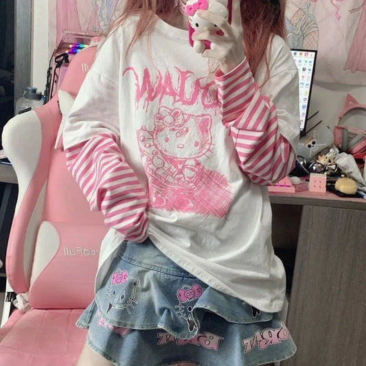 Y2K Hello Kitty Striped Long Sleeve Tee - Harajuku Print