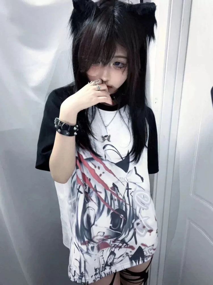 Y2K Gothic Anime Print Tee - Harajuku Grunge Fairy