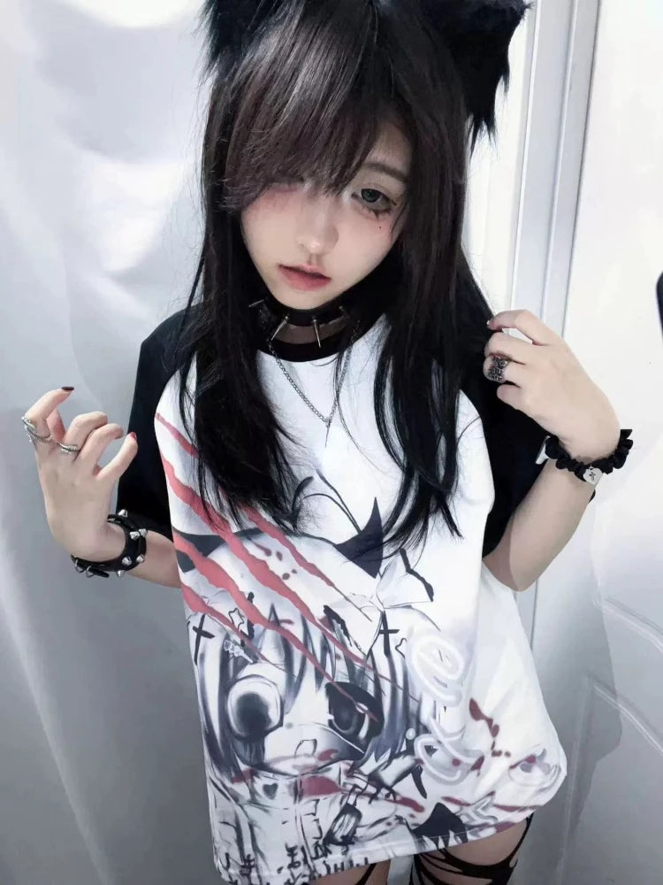 Y2K Gothic Anime Print Tee - Harajuku Grunge Fairy