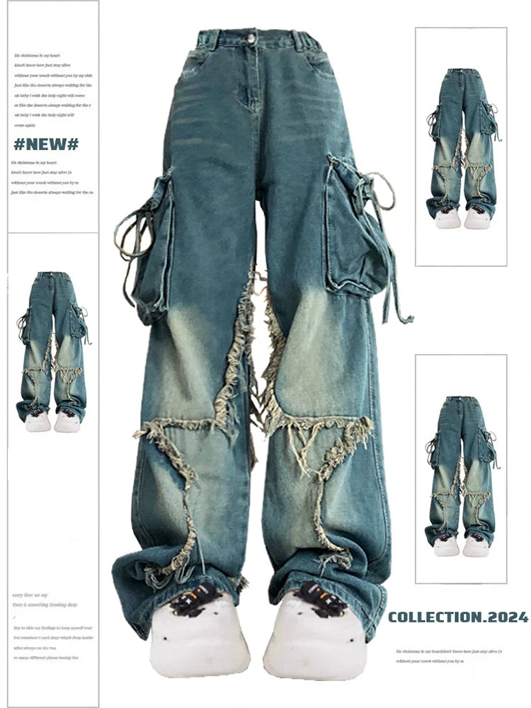 Y2K Blue Cargo Jeans - Vintage High Waist Baggy Pants