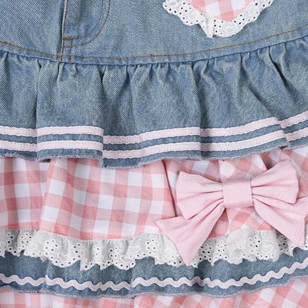 Y2K Kawaii Lolita Denim Skirt - High Waist Lace Harajuku