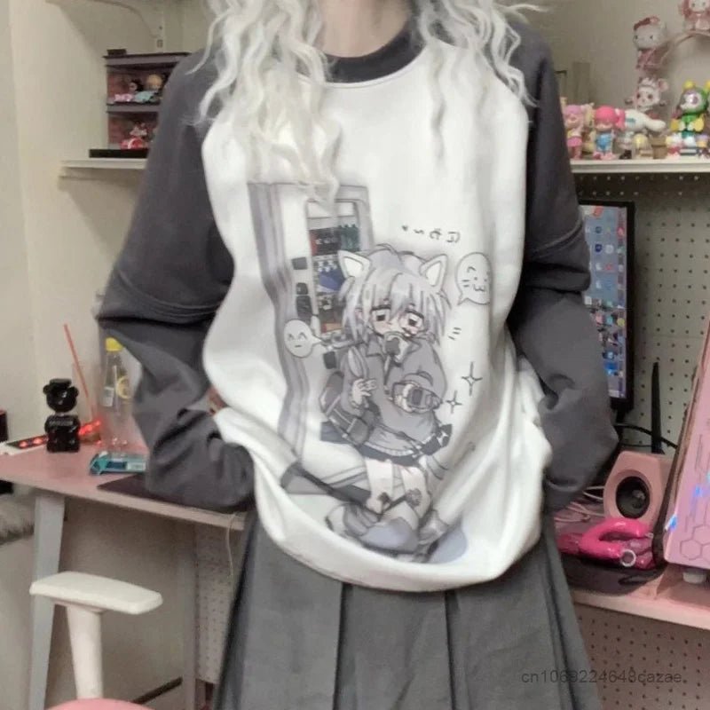 Y2K Kawaii Detachable Sleeve Tee - Anime Cat Print Harajuku