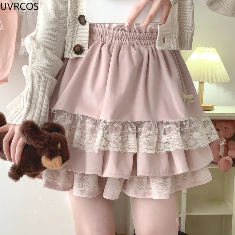 Y2K Kawaii Lolita Velvet Skirt - Sweet Lace Bunny Bow