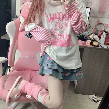 Y2K Hello Kitty Striped Long Sleeve Tee - Harajuku Print