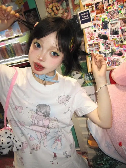 Y2K Kawaii Angel Print Tee - Harajuku Streetwear