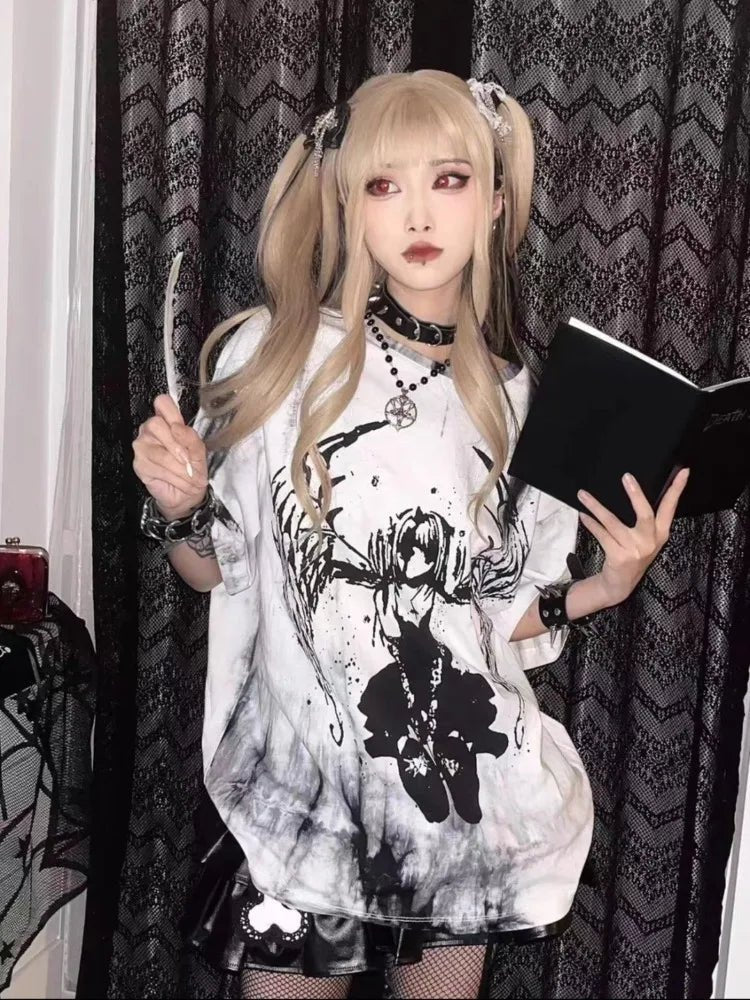 Y2K Grunge Vintage Gothic Tee - Harajuku Cartoon Print