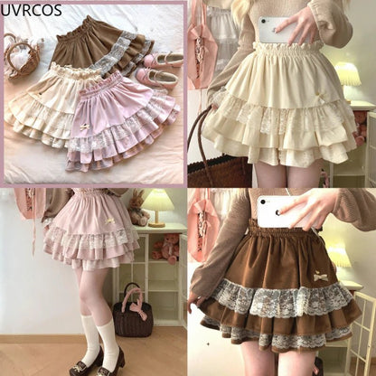 Y2K Kawaii Lolita Velvet Skirt - Sweet Lace Bunny Bow