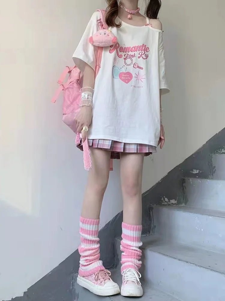 Y2K Kawaii Off Shoulder T-shirt - Harajuku Cute Graphic Tee