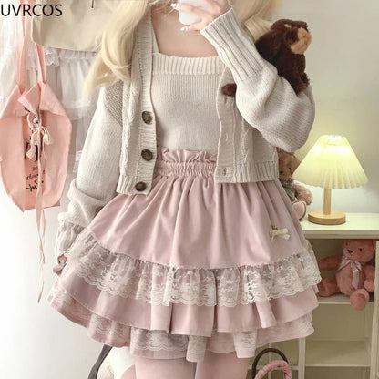 Y2K Kawaii Lolita Velvet Skirt - Sweet Lace Bunny Bow