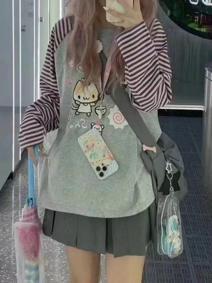 Y2K Kawaii Striped Hoodie - Harajuku Patchwork Cartoon